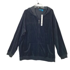 TeeCo Womens Plus Sz 3X Black Velour Zip Up Hoodie Jacket Casual Kangaroo Pocket